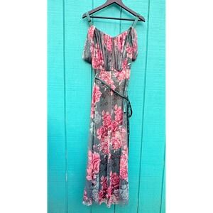 Candlelite 3X Floral Maxi Dress Cold Shoulder Flutter Sleeve Green Pink Glitter